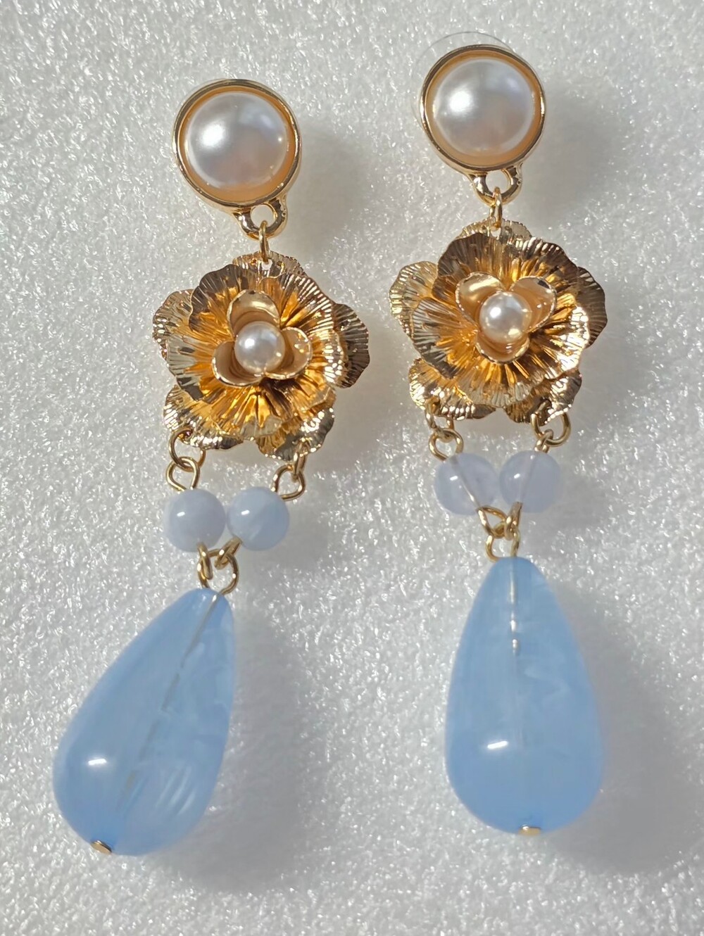 Gold Floral Drop Earrings with Pearl and Light Blue Teardrops